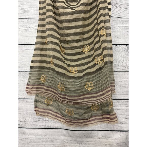 Striped Sheer Scarf With Gold Embroidery - Picture 4 of 4